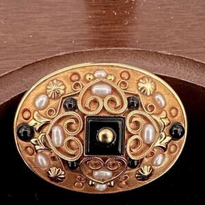 Vintage 1970s Michal Golan oval brooch w hearts, and crystals, stone detail